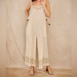 🟠NWT KARMA HIGHWAY Linen Look Bohemian Jumpsuit in Cream/Olive ONE SIZE